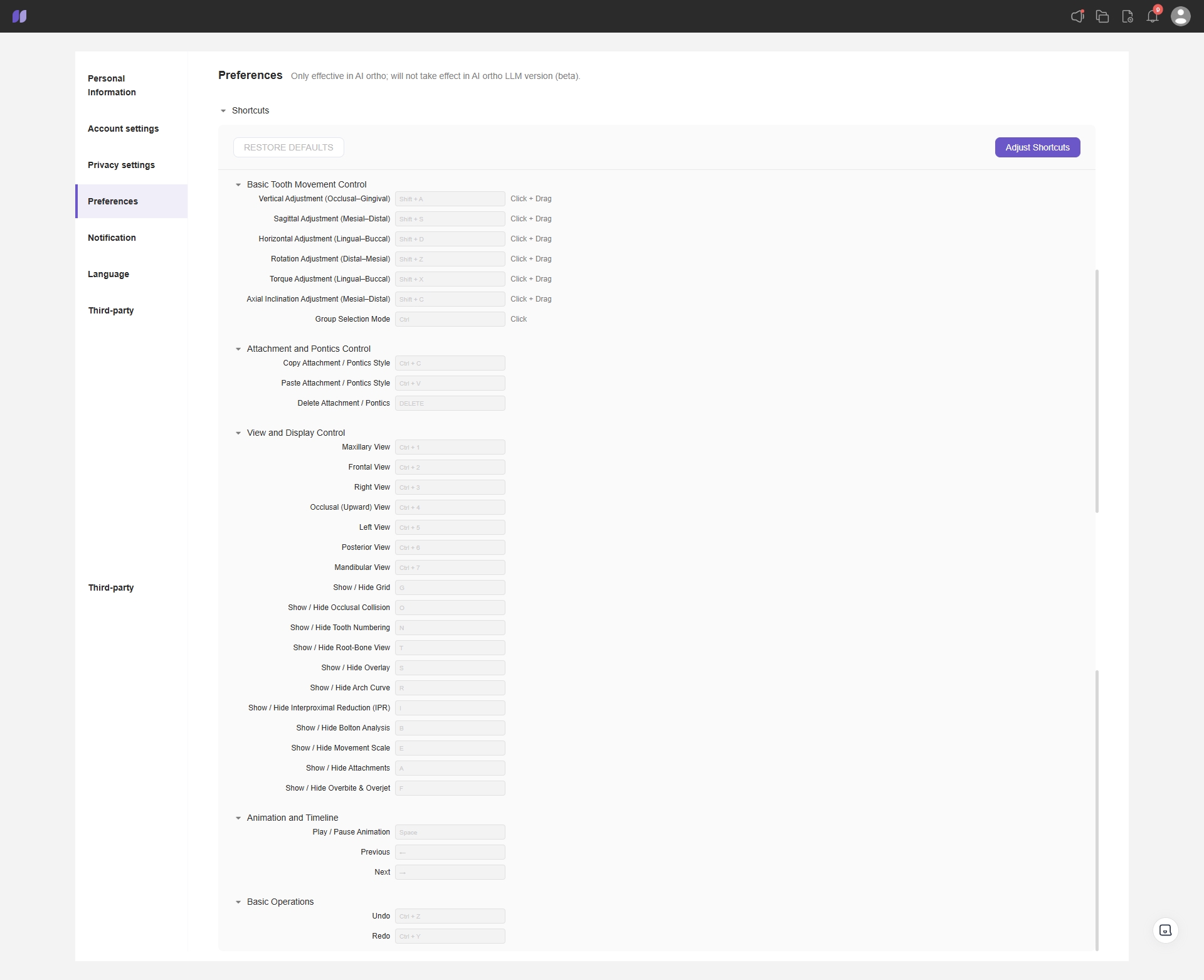 Preferences - Shortcuts